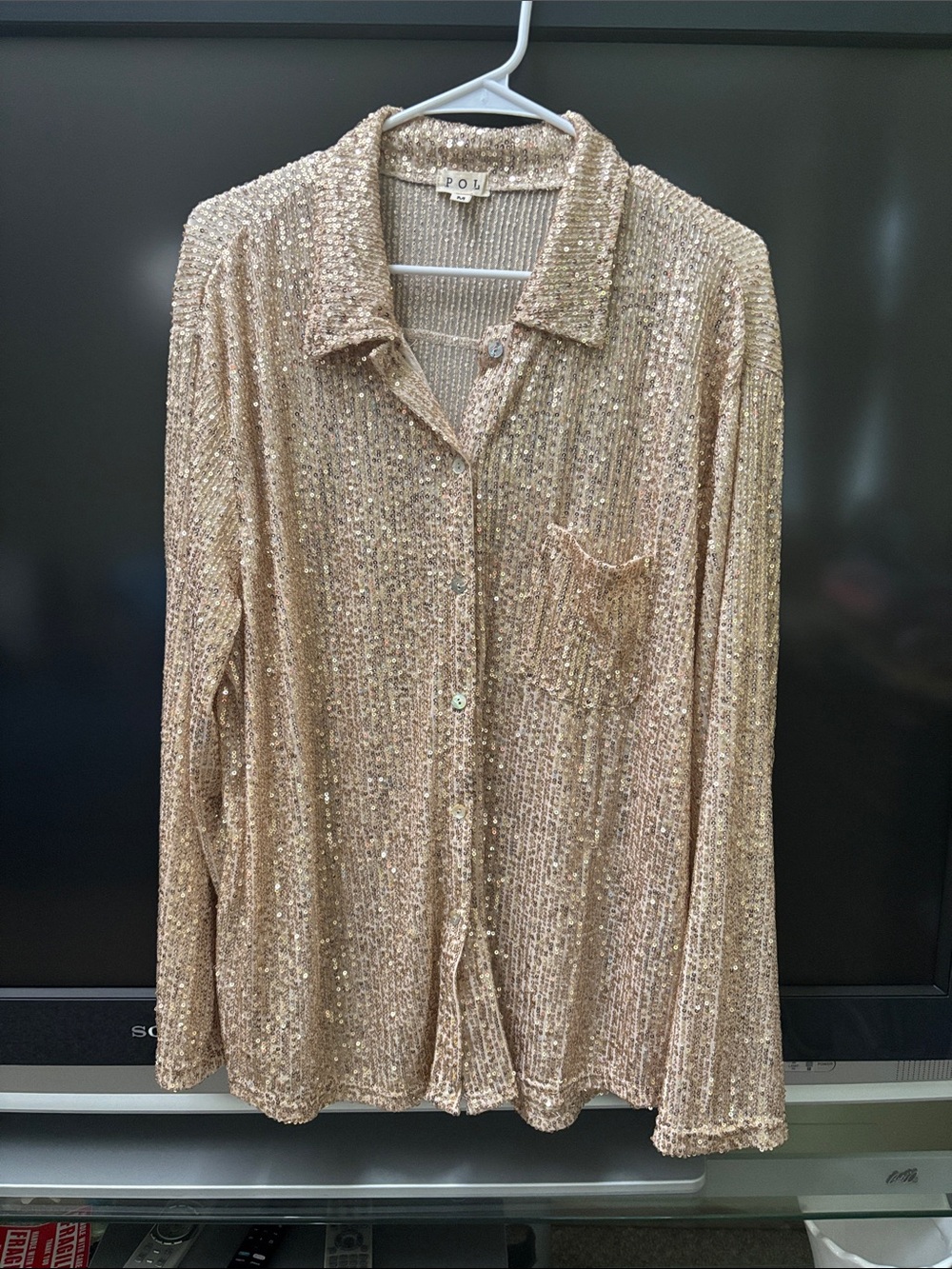 POL Gold Sequin Button-Down Shirt Sz Med/Runs Big